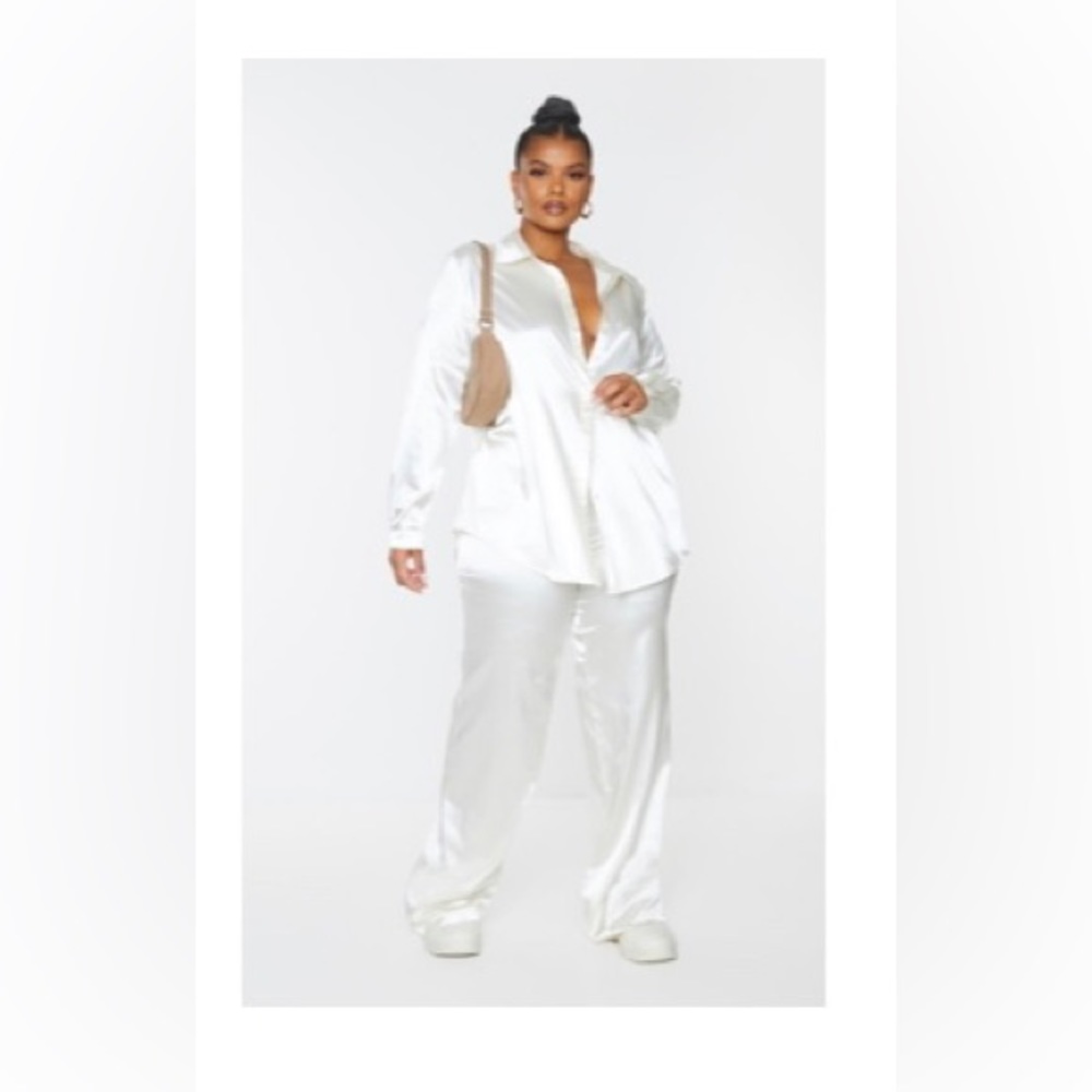 PLT Plus Size Cream Satin Shirt & Pants